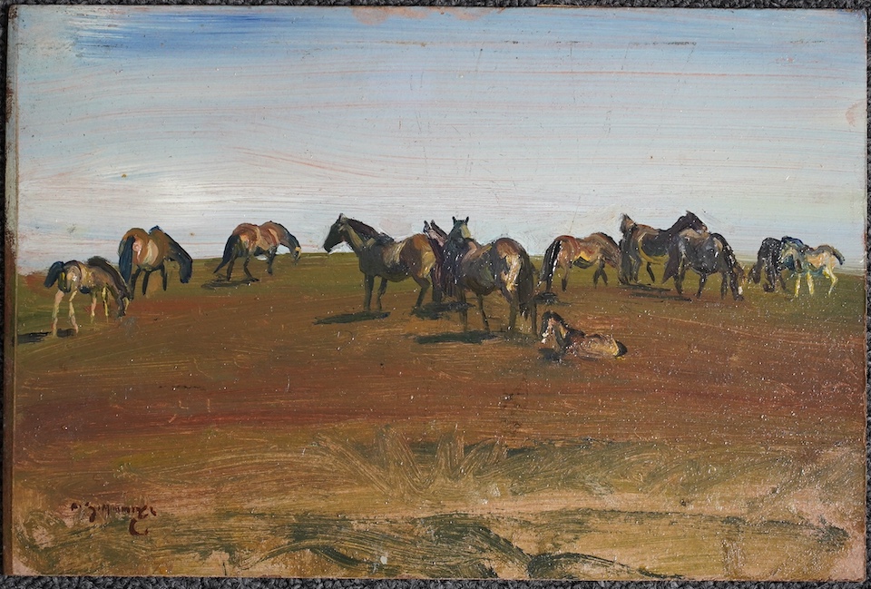 Sir Alfred James Munnings P.R.A., R.W.S. (British, 1878-1959), Exmoor Ponies, Study no.17, oil on wooden panel, 17.8 x 25.4cm